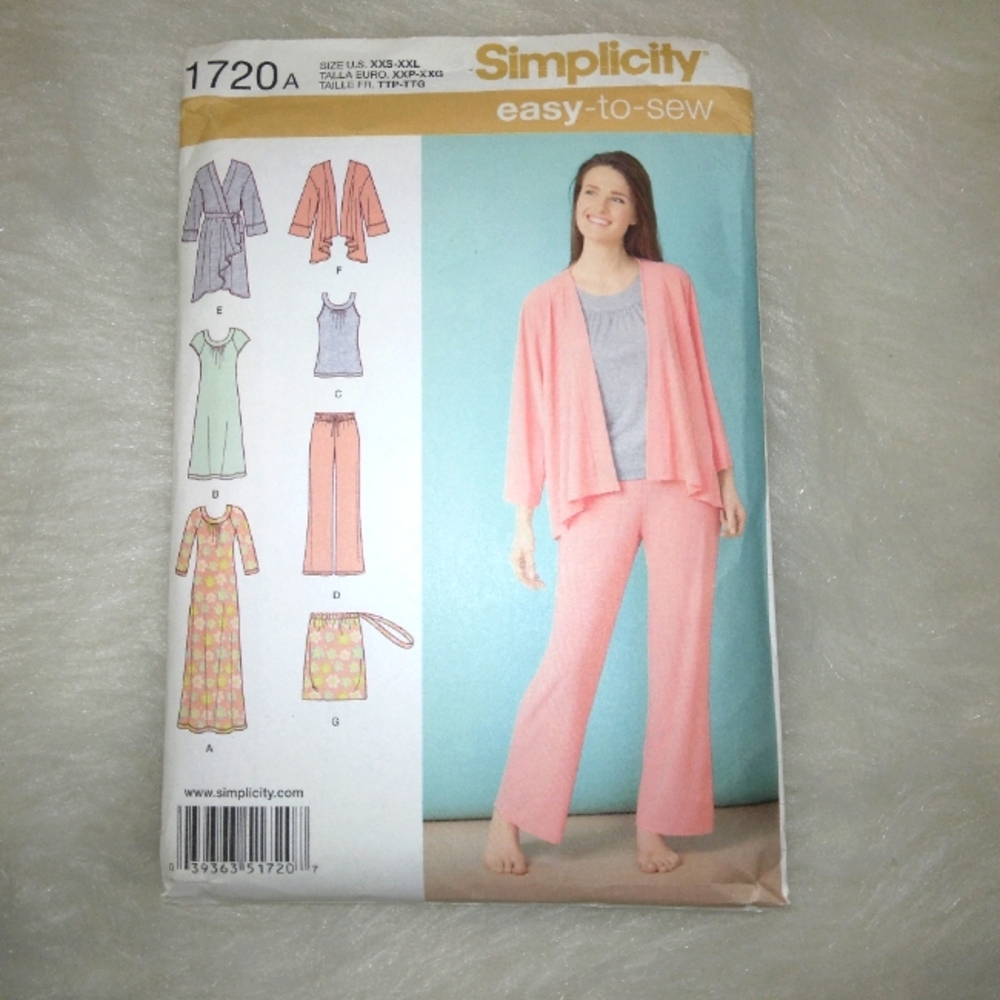 SIMPLICITY 1720 Sz XXS-XXL Easy-to-Sew Misses Knit Nightgown Robe Top Pants Sash